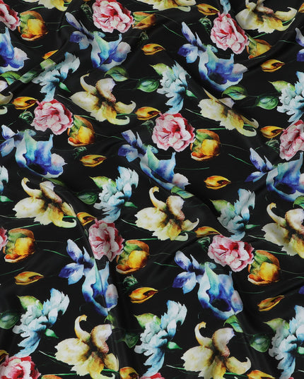 Midnight Florals Viscose Fabric - Vibrant Digital Print, Luxurious Draping, Crafted in India, 110cm Wide-D18726 - Regal Fabrics