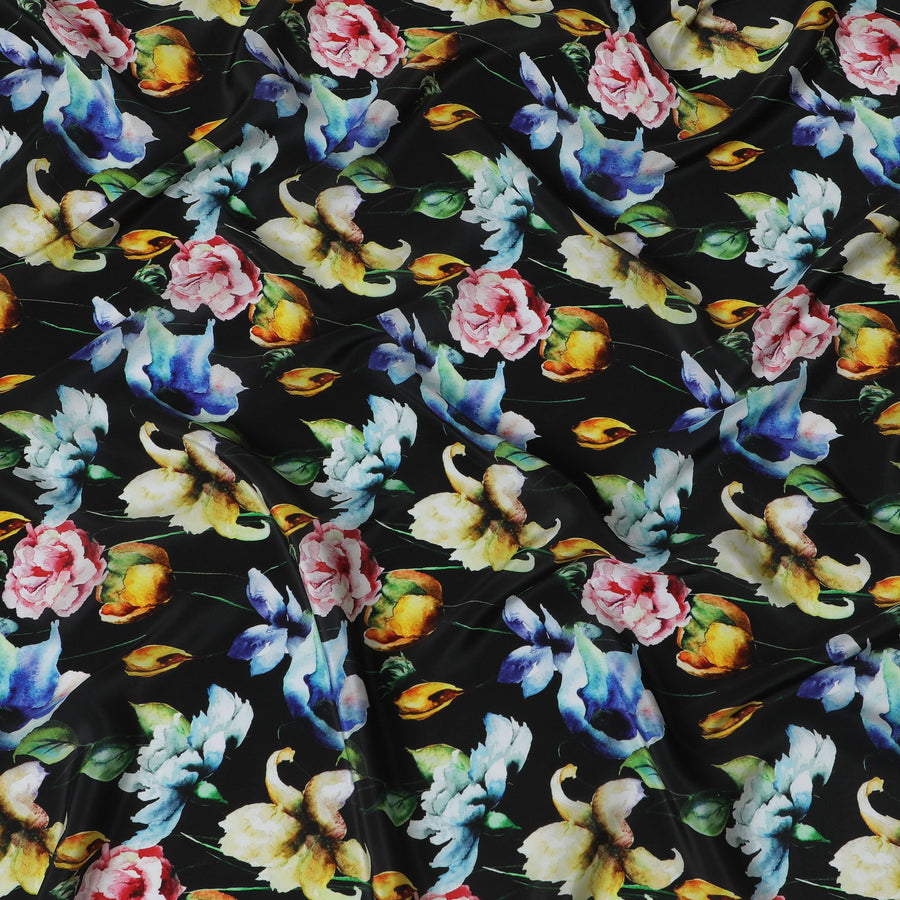 Midnight Florals Viscose Fabric - Vibrant Digital Print, Luxurious Draping, Crafted in India, 110cm Wide-D18726 - Regal Fabrics