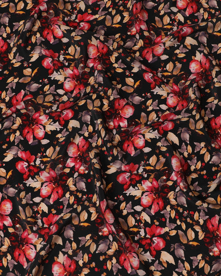 Elegant Autumnal Blossoms Viscose Fabric, 110 cm Width - Luxurious Red & Orange Floral Print on Black-D18730 - Regal Fabrics