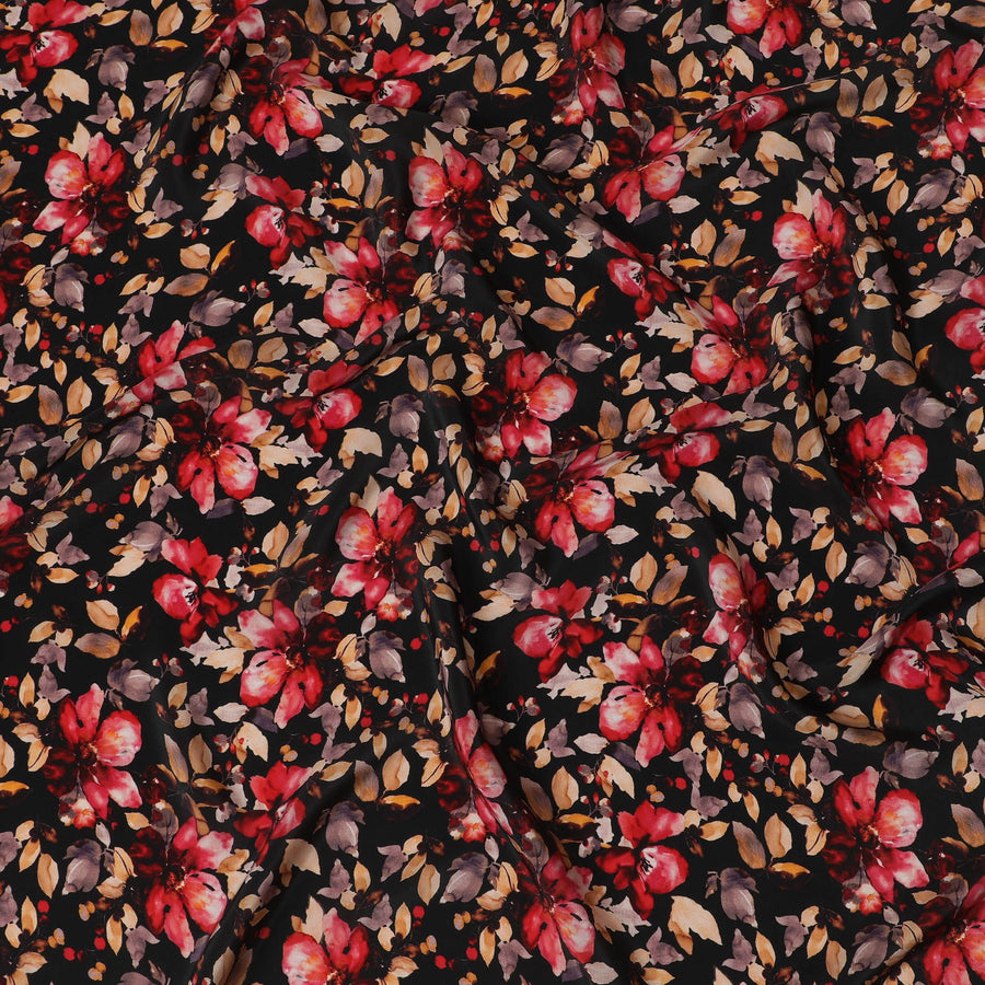 Elegant Autumnal Blossoms Viscose Fabric, 110 cm Width - Luxurious Red & Orange Floral Print on Black-D18730 - Regal Fabrics