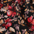 Elegant Autumnal Blossoms Viscose Fabric, 110 cm Width - Luxurious Red & Orange Floral Print on Black-D18730 - Regal Fabrics