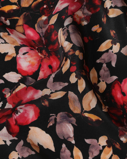 Elegant Autumnal Blossoms Viscose Fabric, 110 cm Width - Luxurious Red & Orange Floral Print on Black-D18730 - Regal Fabrics