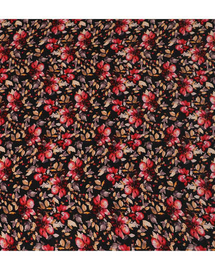 Elegant Autumnal Blossoms Viscose Fabric, 110 cm Width - Luxurious Red & Orange Floral Print on Black-D18730 - Regal Fabrics