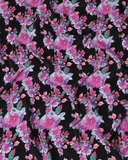Enchanted Rose Symphony Viscose Fabric, 110 cm Width - Deep Pink Blooms on Midnight Black-D18734 Regal Fabrics