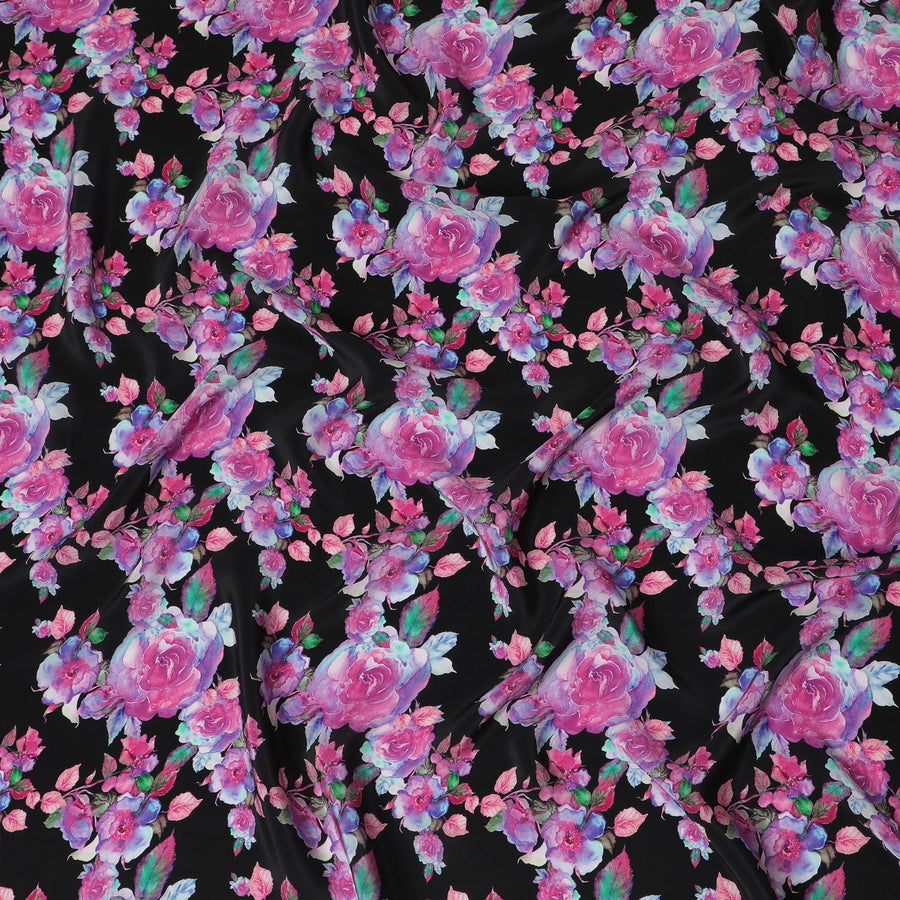 Enchanted Rose Symphony Viscose Fabric, 110 cm Width - Deep Pink Blooms on Midnight Black-D18734 Regal Fabrics