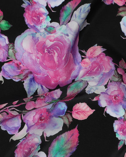 Enchanted Rose Symphony Viscose Fabric, 110 cm Width - Deep Pink Blooms on Midnight Black-D18734 Regal Fabrics