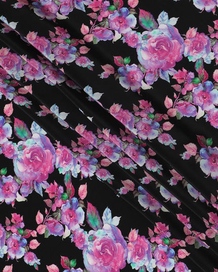 Enchanted Rose Symphony Viscose Fabric, 110 cm Width - Deep Pink Blooms on Midnight Black-D18734 Regal Fabrics
