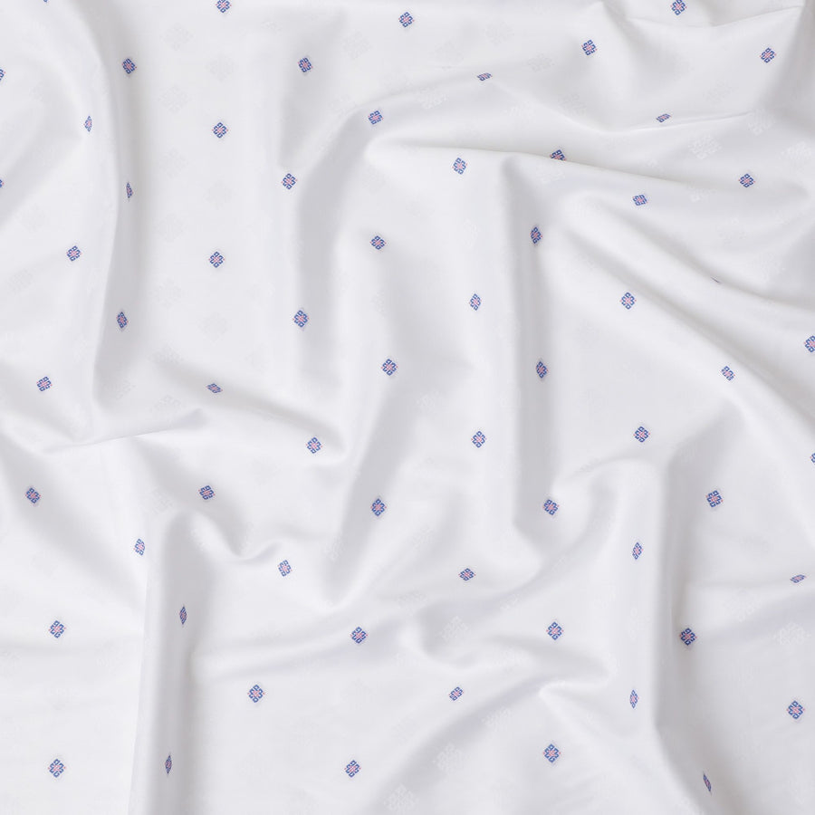 Crisp Cross-Stitch Embroidery Cotton Shirting Fabric, 150 cm Width - White with Blue & Red Accents-D18738 Regal Fabrics