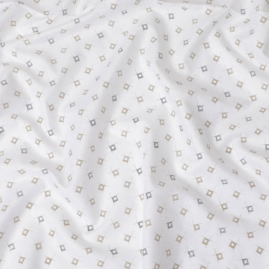 قماش كتان مطبوع هندسي ماتريكس، عرض 150 سم - شيك كحلي وبيج على ابيض-D18740