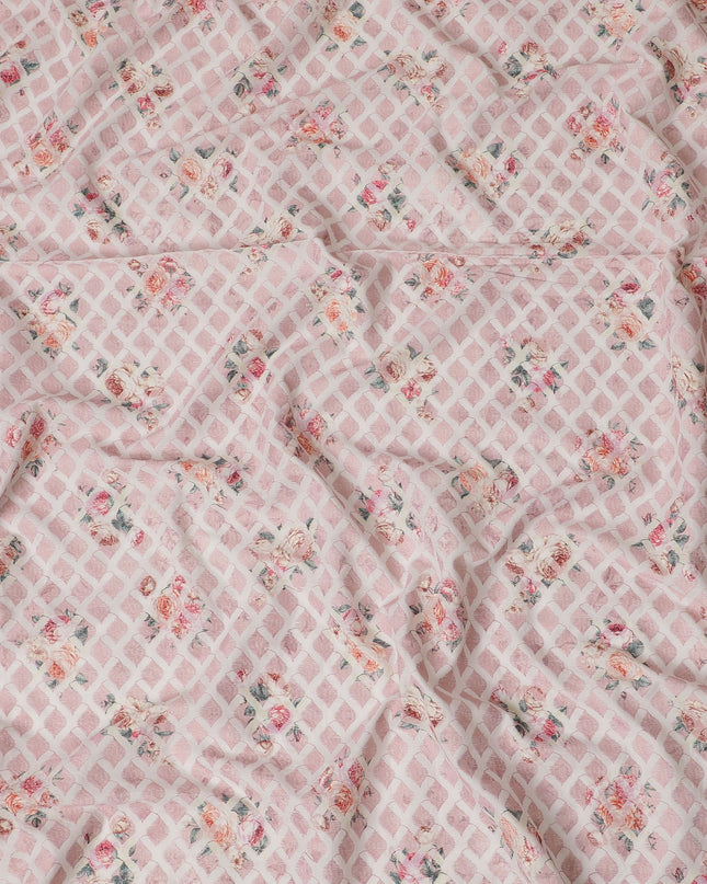 قماش قطن صناعي مطرز بالورود رومانسي - وردي ناعم، عرض 110 سم-D18745