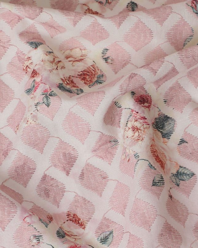قماش قطن صناعي مطرز بالورود رومانسي - وردي ناعم، عرض 110 سم-D18745