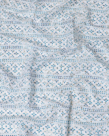 Geometric Pattern Embroidered Synthetic Cotton Fabric - Cool Blue, 110cm Wide-D18746