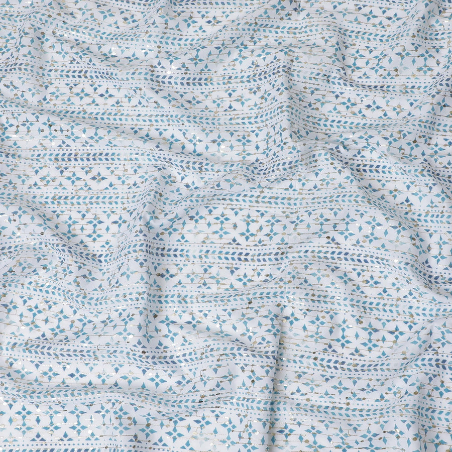 Geometric Pattern Embroidered Synthetic Cotton Fabric - Cool Blue, 110cm Wide-D18746