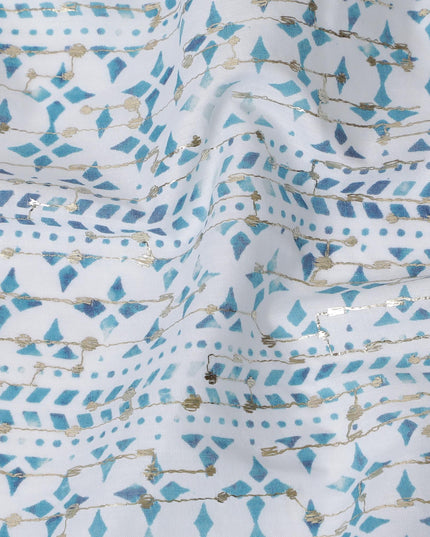 Geometric Pattern Embroidered Synthetic Cotton Fabric - Cool Blue, 110cm Wide-D18746