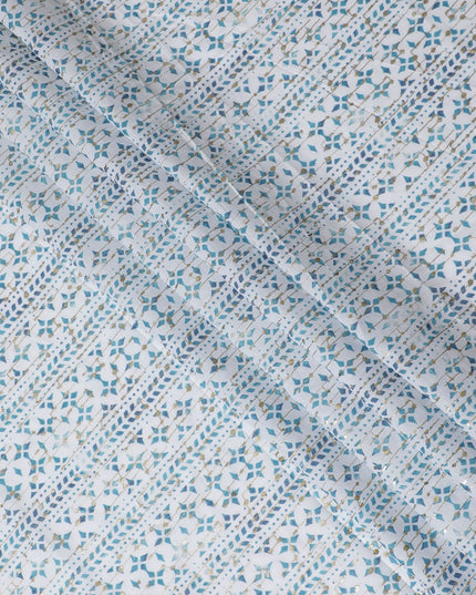 Geometric Pattern Embroidered Synthetic Cotton Fabric - Cool Blue, 110cm Wide-D18746