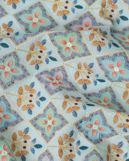 Artisanal Cotton Voile Fabric with Delicate Embroidery - Pastel Mosaic, 110cm Width-D18748