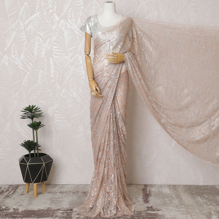 ساري دانتيل شانتيلي فرنسي فاتح مع لمسات كريستالية - قطعة 110 سم × 5.5 متر-D18773