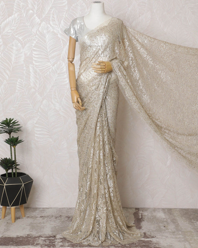 Light gold French Chantilly Two-Tone Lace Saree with Stone Work - 110cm x 5.5 Mtrs Piece-D18774