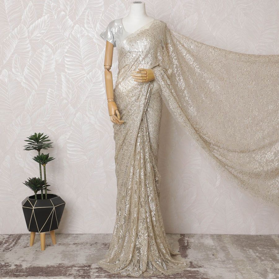 Light gold French Chantilly Two-Tone Lace Saree with Stone Work - 110cm x 5.5 Mtrs Piece-D18774