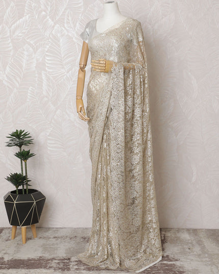Light gold French Chantilly Two-Tone Lace Saree with Stone Work - 110cm x 5.5 Mtrs Piece-D18774