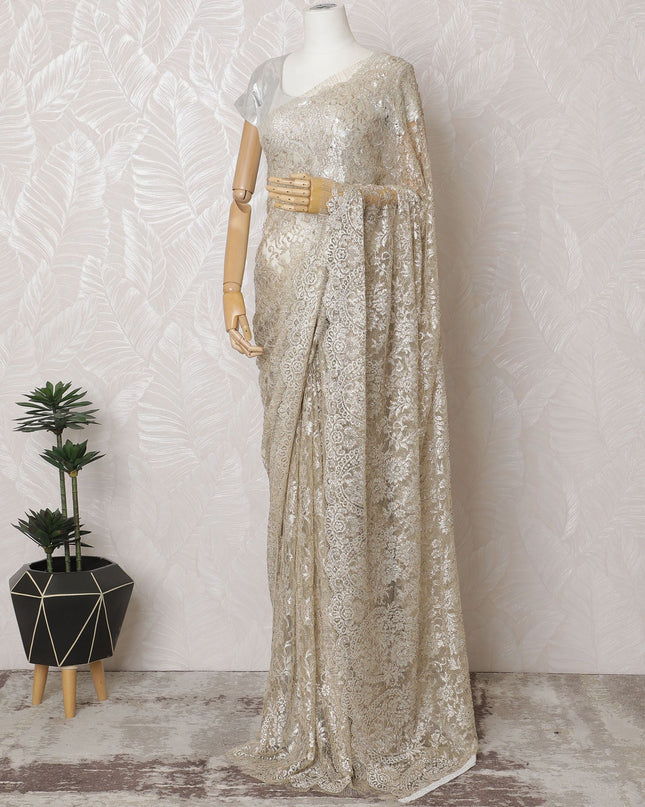 Light gold French Chantilly Two-Tone Lace Saree with Stone Work - 110cm x 5.5 Mtrs Piece-D18774