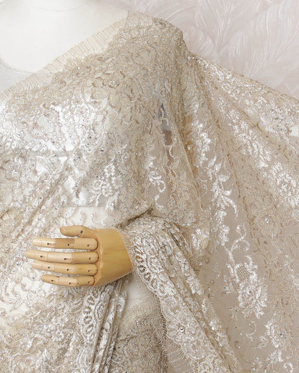Light gold French Chantilly Two-Tone Lace Saree with Stone Work - 110cm x 5.5 Mtrs Piece-D18774