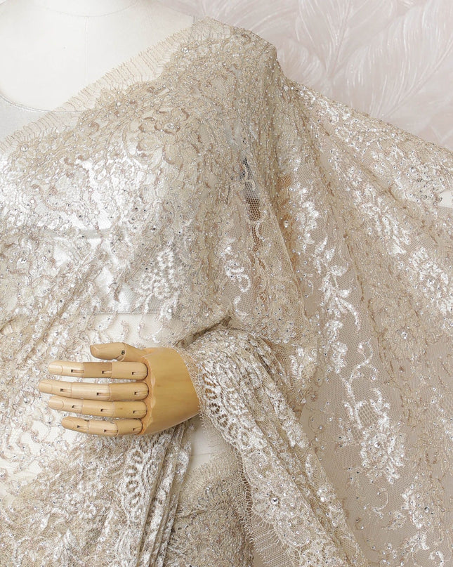 Light gold French Chantilly Two-Tone Lace Saree with Stone Work - 110cm x 5.5 Mtrs Piece-D18774