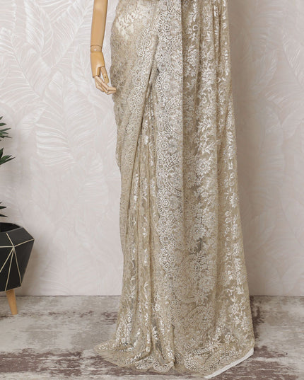 Light gold French Chantilly Two-Tone Lace Saree with Stone Work - 110cm x 5.5 Mtrs Piece-D18774