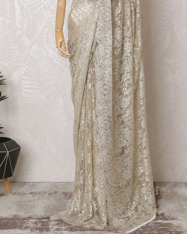 Light gold French Chantilly Two-Tone Lace Saree with Stone Work - 110cm x 5.5 Mtrs Piece-D18774
