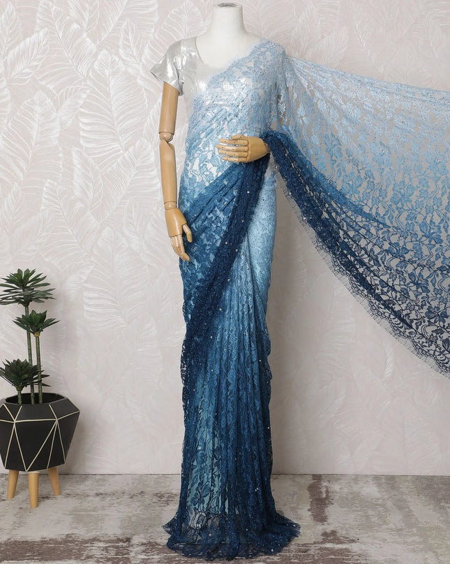 Emerald Enchantment Two-Tone French Chantilly Lace Saree with Stone Work - 110cm x 5.5 Mtrs Piece-D18776 Regal Fabrics