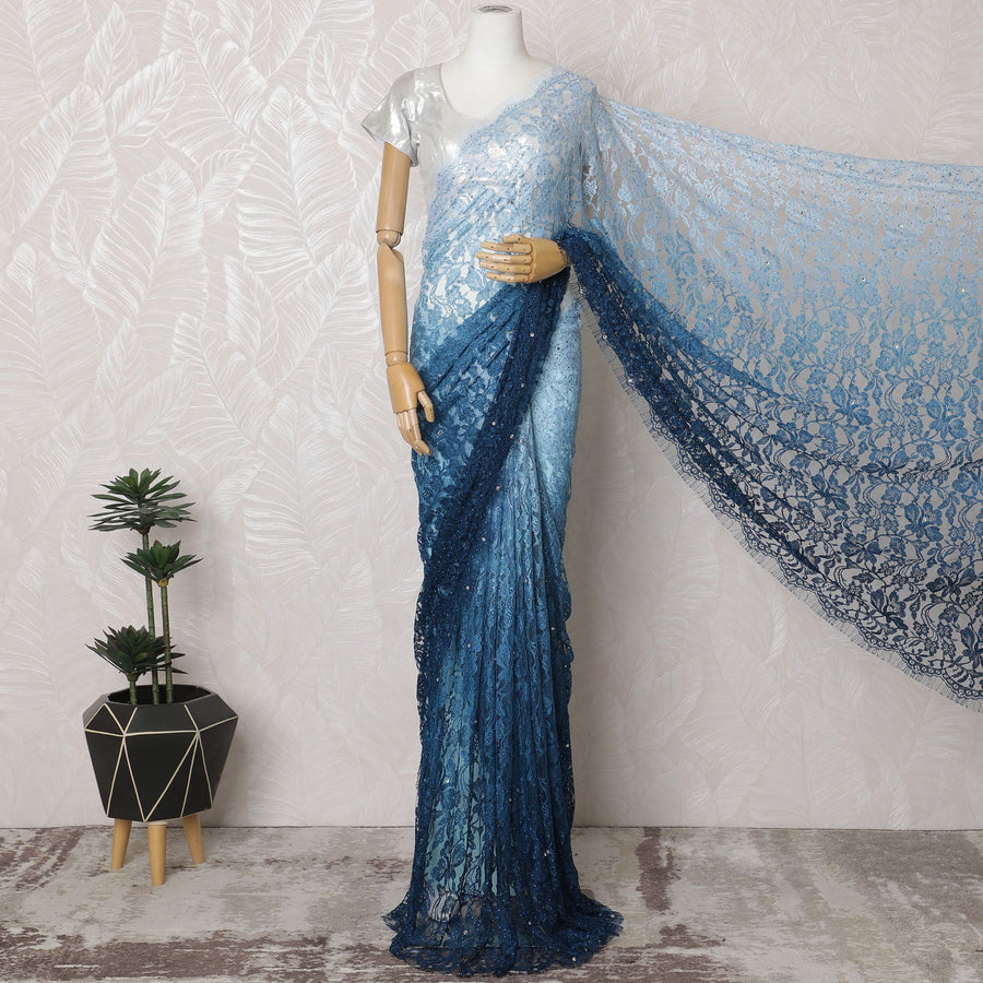 Emerald Enchantment Two-Tone French Chantilly Lace Saree with Stone Work - 110cm x 5.5 Mtrs Piece-D18776