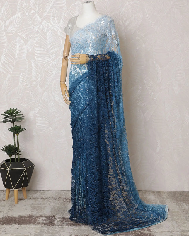 Emerald Enchantment Two-Tone French Chantilly Lace Saree with Stone Work - 110cm x 5.5 Mtrs Piece-D18776 Regal Fabrics