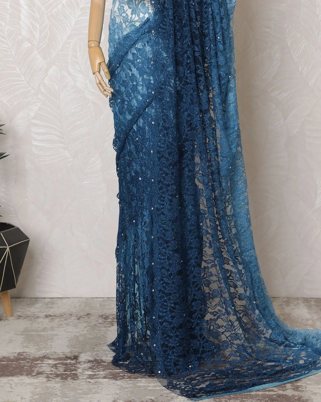 Emerald Enchantment Two-Tone French Chantilly Lace Saree with Stone Work - 110cm x 5.5 Mtrs Piece-D18776 Regal Fabrics