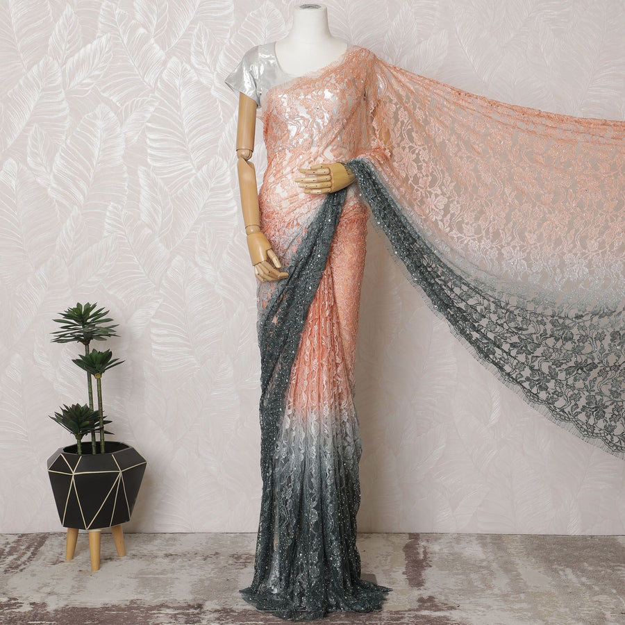 Coral Charm Two-Tone French Chantilly Lace Saree with Stone Embellishments - 110cm x 5.5 Mtrs Piece-D18778