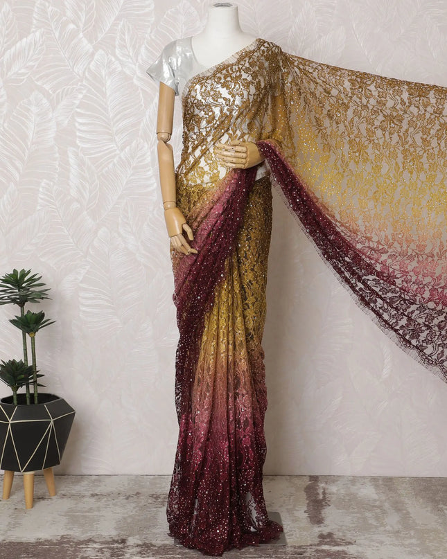 Ethereal Blossom Premium French chantilly Ombre lace Saree with embroidery, bead work and Stone Embellishments - 110cm x 5.5 Mtrs Piece-D18779 Regal Fabrics