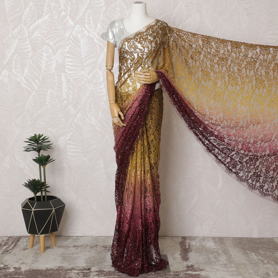 Ethereal Blossom Premium French chantilly Ombre lace Saree with embroidery, bead work and Stone Embellishments - 110cm x 5.5 Mtrs Piece-D18779 Regal Fabrics
