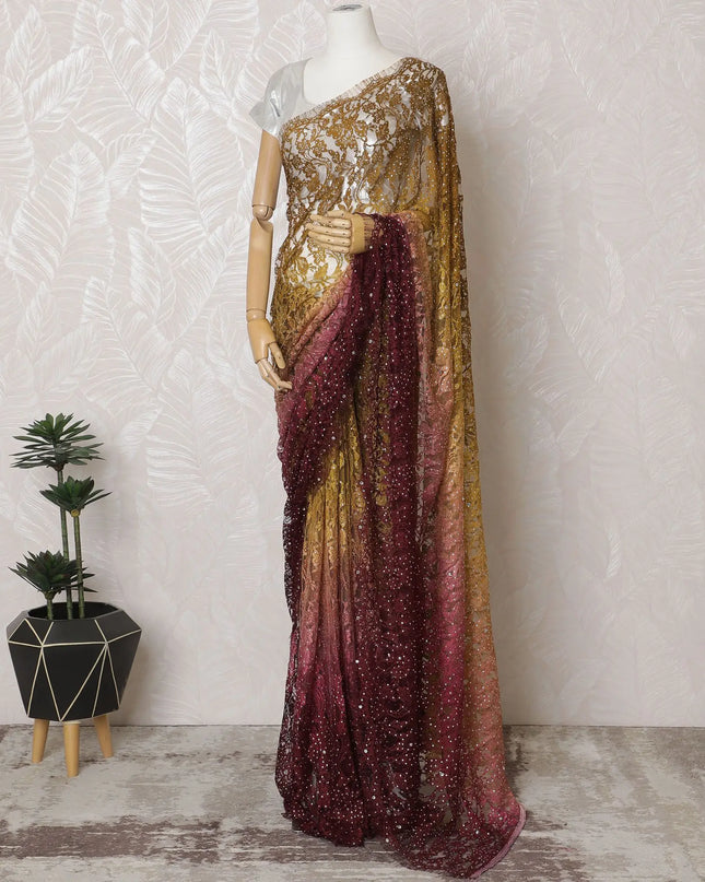 Ethereal Blossom Premium French chantilly Ombre lace Saree with embroidery, bead work and Stone Embellishments - 110cm x 5.5 Mtrs Piece-D18779 Regal Fabrics