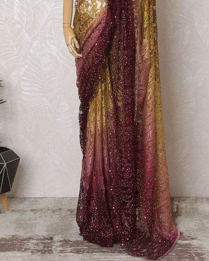 Ethereal Blossom Premium French chantilly Ombre lace Saree with embroidery, bead work and Stone Embellishments - 110cm x 5.5 Mtrs Piece-D18779 Regal Fabrics