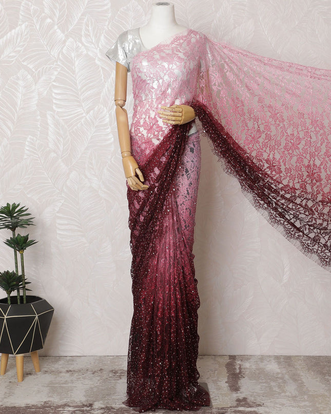 Rse pink to Burgundy Premium French chantilly Ombre lace Saree with Stone Work - 110cm x 5.5 Mtrs Piece-D18780