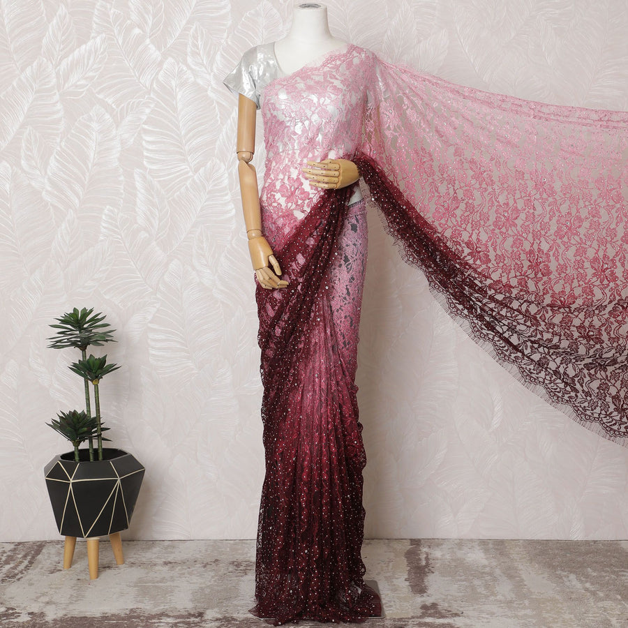 Rse pink to Burgundy Premium French chantilly Ombre lace Saree with Stone Work - 110cm x 5.5 Mtrs Piece-D18780 Regal Fabrics