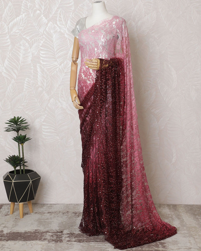 Rse pink to Burgundy Premium French chantilly Ombre lace Saree with Stone Work - 110cm x 5.5 Mtrs Piece-D18780