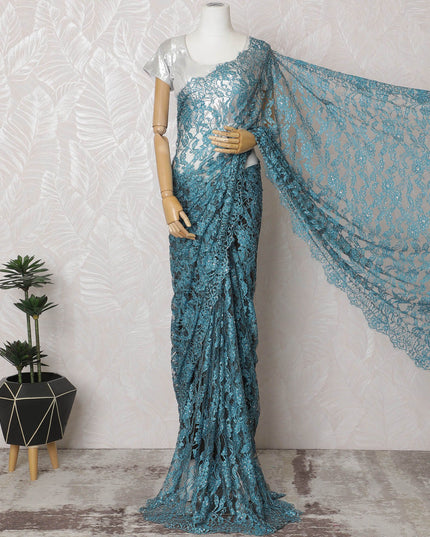 Sky Serenity Premium French chantilly  lace Saree with  Stone Work - 110cm x 5.5 Mtrs Piece-D18781