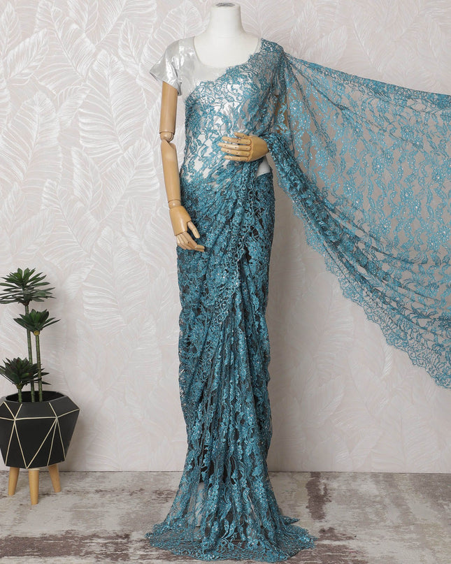 Sky Serenity Premium French chantilly  lace Saree with  Stone Work - 110cm x 5.5 Mtrs Piece-D18781
