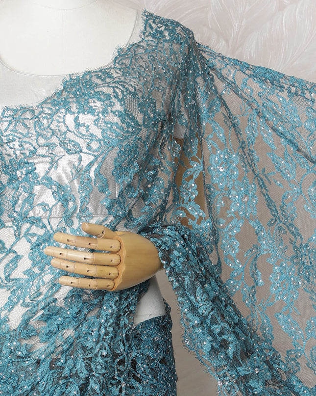 Sky Serenity Premium French chantilly  lace Saree with  Stone Work - 110cm x 5.5 Mtrs Piece-D18781