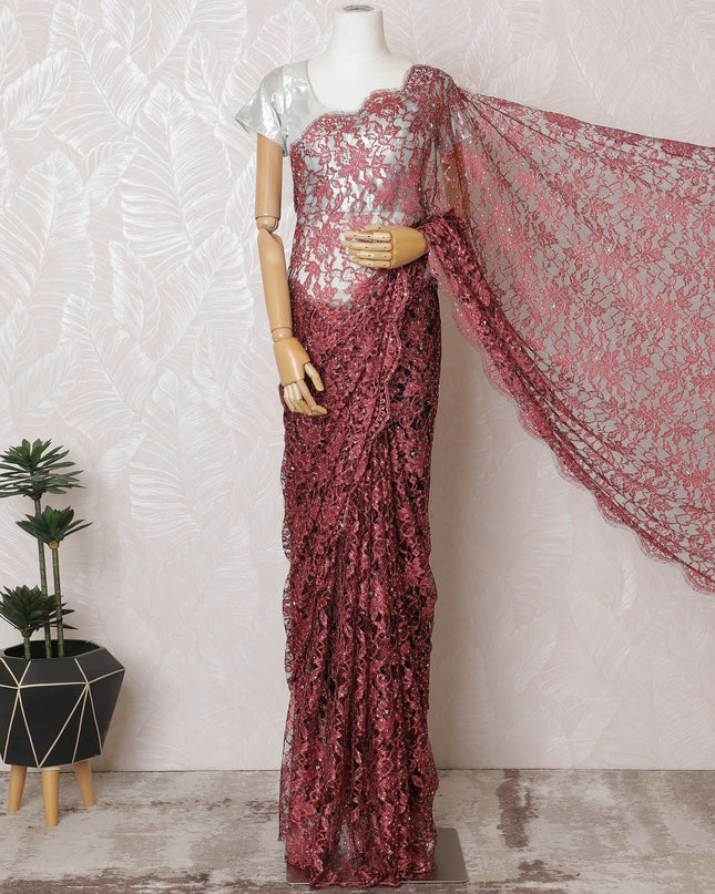 Midnight Floral Premium French chantilly Lace Saree with  Stone Work - 110cm x 5.5 Mtrs Piece-D18782