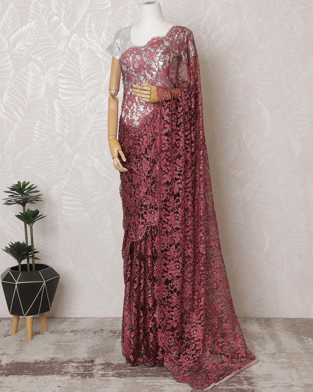 Midnight Floral Premium French chantilly Lace Saree with  Stone Work - 110cm x 5.5 Mtrs Piece-D18782