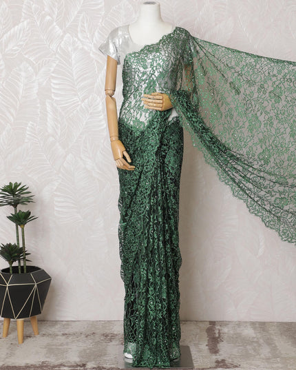 Emerald green Premium French Chantilly lace saree with Stone Work - 110cm x 5.5 Mtrs Piece-D18783 Regal Fabrics
