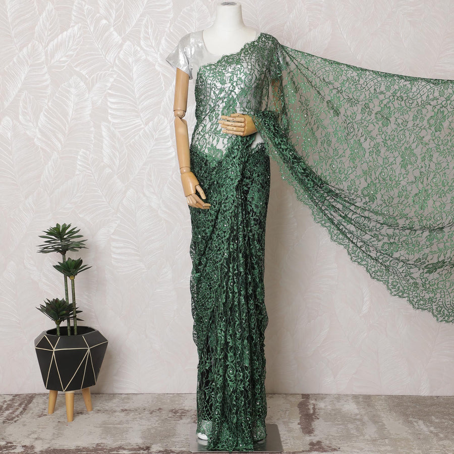 Emerald green Premium French Chantilly lace saree with Stone Work - 110cm x 5.5 Mtrs Piece-D18783 Regal Fabrics