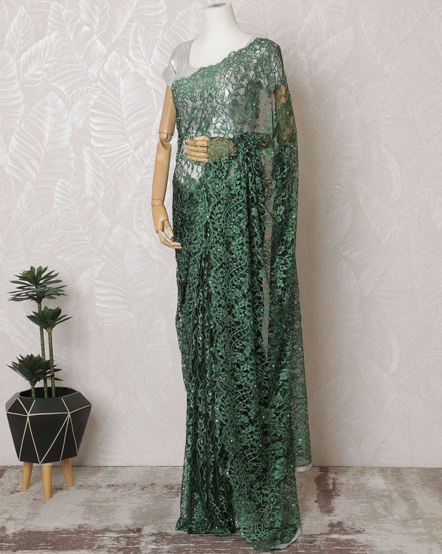 Emerald green Premium French Chantilly lace saree with Stone Work - 110cm x 5.5 Mtrs Piece-D18783