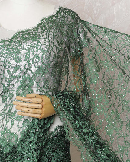 Emerald green Premium French Chantilly lace saree with Stone Work - 110cm x 5.5 Mtrs Piece-D18783 Regal Fabrics